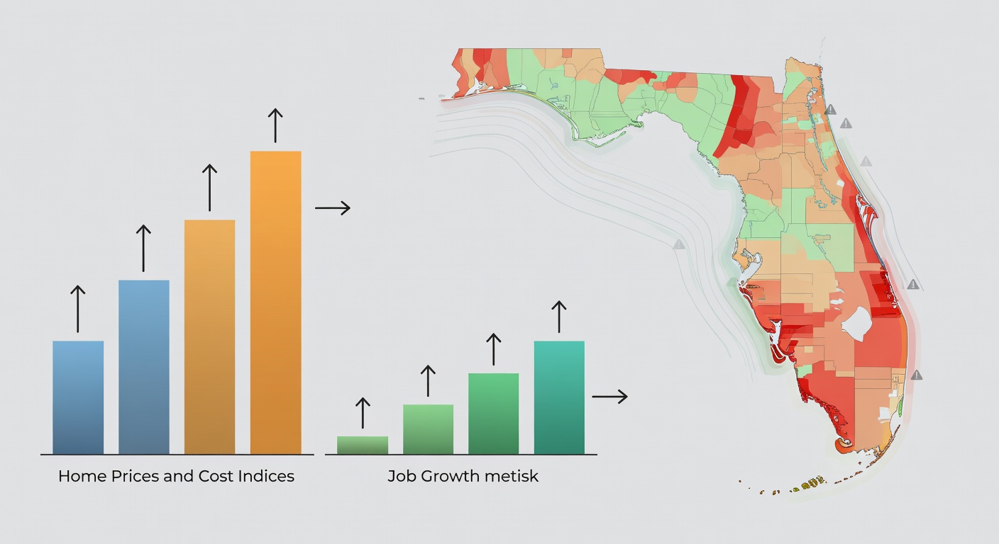 Comparative bar chart and risk heatmap diagram for top Florida cities, showing home prices, cost indices, job growth, and hurricane zones with color-coded visuals for quick decision-making in 2026.