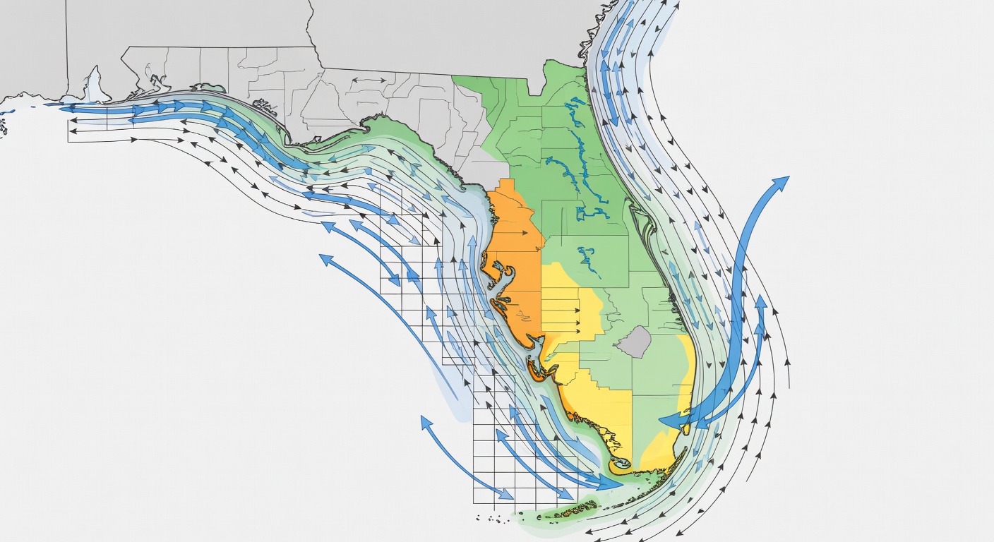 Detailed diagram mapping Florida regions (Central FL highlighted), climate zones (tropical/humid), hurricane risk levels, and building code variations including wind speed maps per ASCE 7 standards.