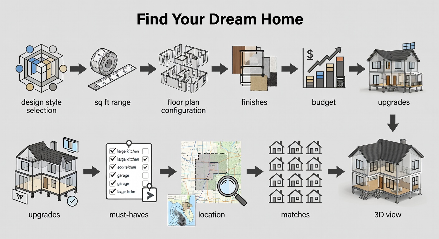 Detailed flowchart diagram illustrating the 10-step 'Find Your Dream Home' process from Fox Certified Contractors, with icons for each stage: design style selection, sq ft range, floor plan config, finishes, budget, upgrades, must-haves, location, matches, and 3D view, including Florida-specific notes like hurricane features and ZIP code service areas.