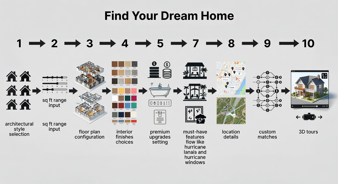 Detailed flowchart diagram of the 10-step 'Find Your Dream Home' process, including icons for architectural style selection, sq ft range input, floor plan configuration, interior finishes choices, budget setting, premium upgrades, must-have features like lanais and hurricane windows, and location details leading to custom matches and 3D tours.