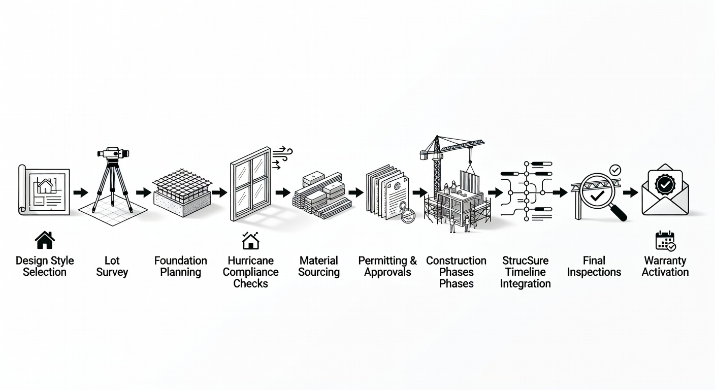 Detailed flowchart diagram of the custom home building process in Florida, illustrating 10 sequential steps from design style selection and lot survey to final warranty activation, with icons for hurricane compliance checks, material sourcing from Builders FirstSource, and StrucSure timeline integration.