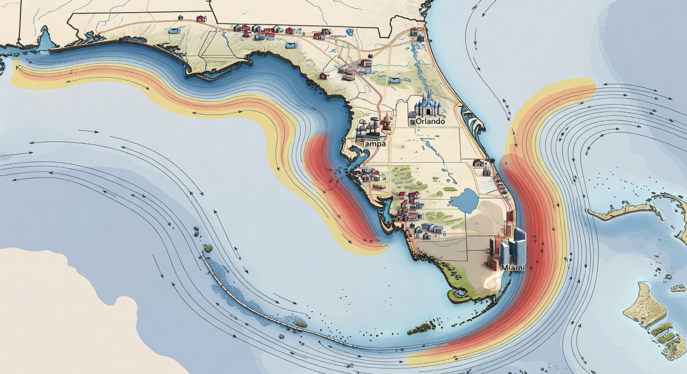 Detailed illustrative map of Florida peninsula showing major cities like Miami, Orlando, Tampa, Central Florida regions such as Longwood, coastlines, Everglades, Keys, and marked hurricane evacuation zones with wind speed contours and flood risk overlays for educational geographic overview.