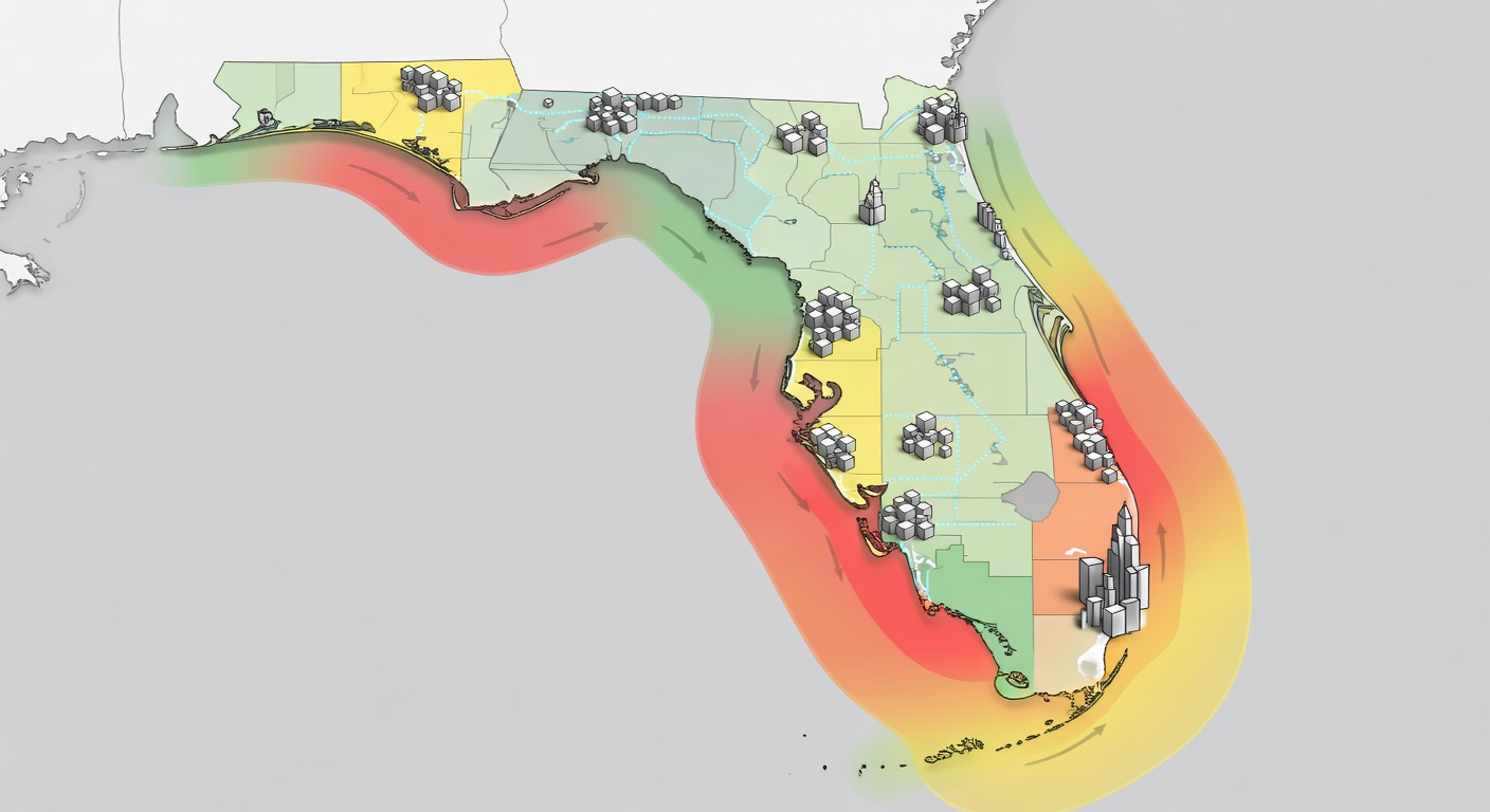 Detailed illustrative map of Florida regions showing major cities (Miami, Orlando, Tampa, Jacksonville), color-coded FEMA hurricane risk zones (High/Medium/Low), median home prices per area, and Central Florida service ZIPs 327xx – Alt: Interactive Florida living map with 2024 home prices and risks for homebuyers