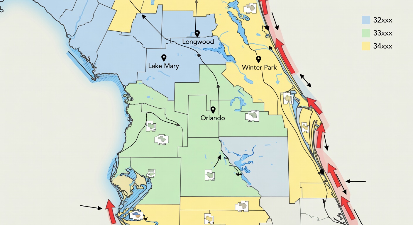 Detailed regional map of Central Florida highlighting service ZIP codes (32xxx, 33xxx, 34xxx), key cities (Longwood, Orlando, Winter Park, Lake Mary), with icons for flood zones, wind risk areas, and custom home example footprints for educational site selection.