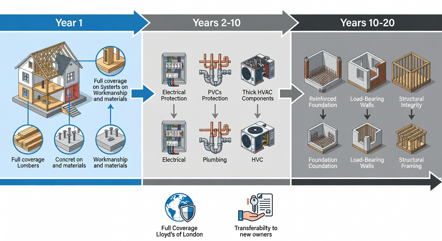 Detailed timeline diagram illustrating the StrucSure 1-2-10 warranty phases for Florida homes, with icons for Year 1 full coverage on workmanship and materials, Years 2-10 systems protection including electrical plumbing and HVAC, Years 10-20 structural integrity for foundation load-bearing walls and framing, noting reinsurance from Lloyd's of London and transferability to new owners.