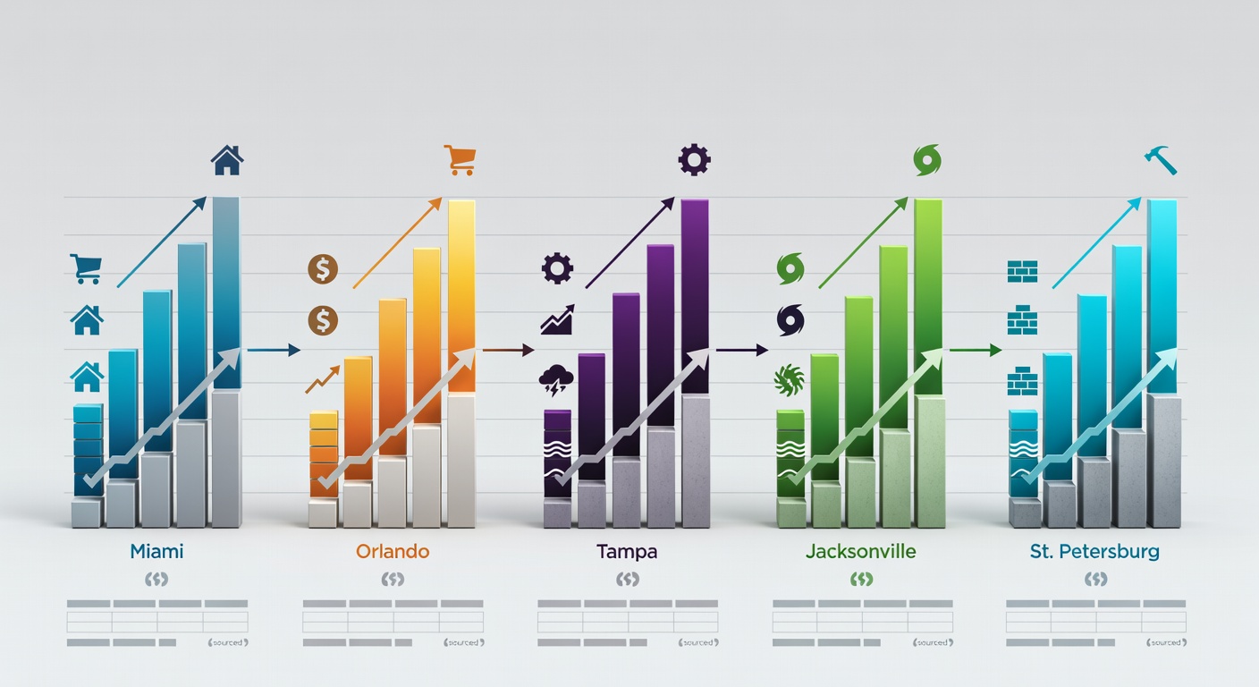 Educational comparison infographic diagram of top 5 Florida cities in 2026, featuring bar charts for median home prices, cost of living index, job growth rates, hurricane risk scores, and average build costs per sq ft, with icons, color gradients, and sourced data labels for quick visual analysis
