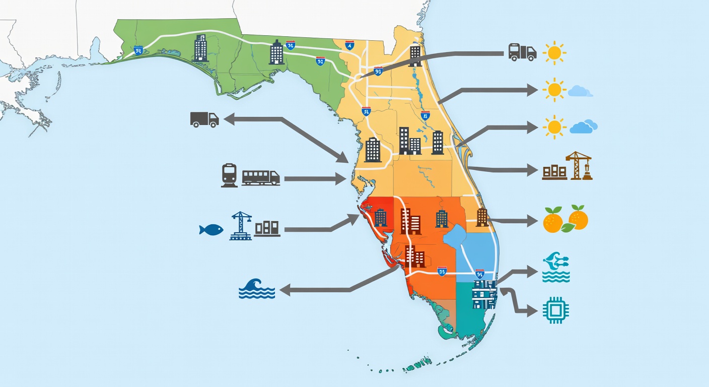Educational diagram illustrating Florida's key regions with icons for cities, climate zones, economic sectors, and transportation links, including Central Florida highlighted for construction hubs as of 2026.