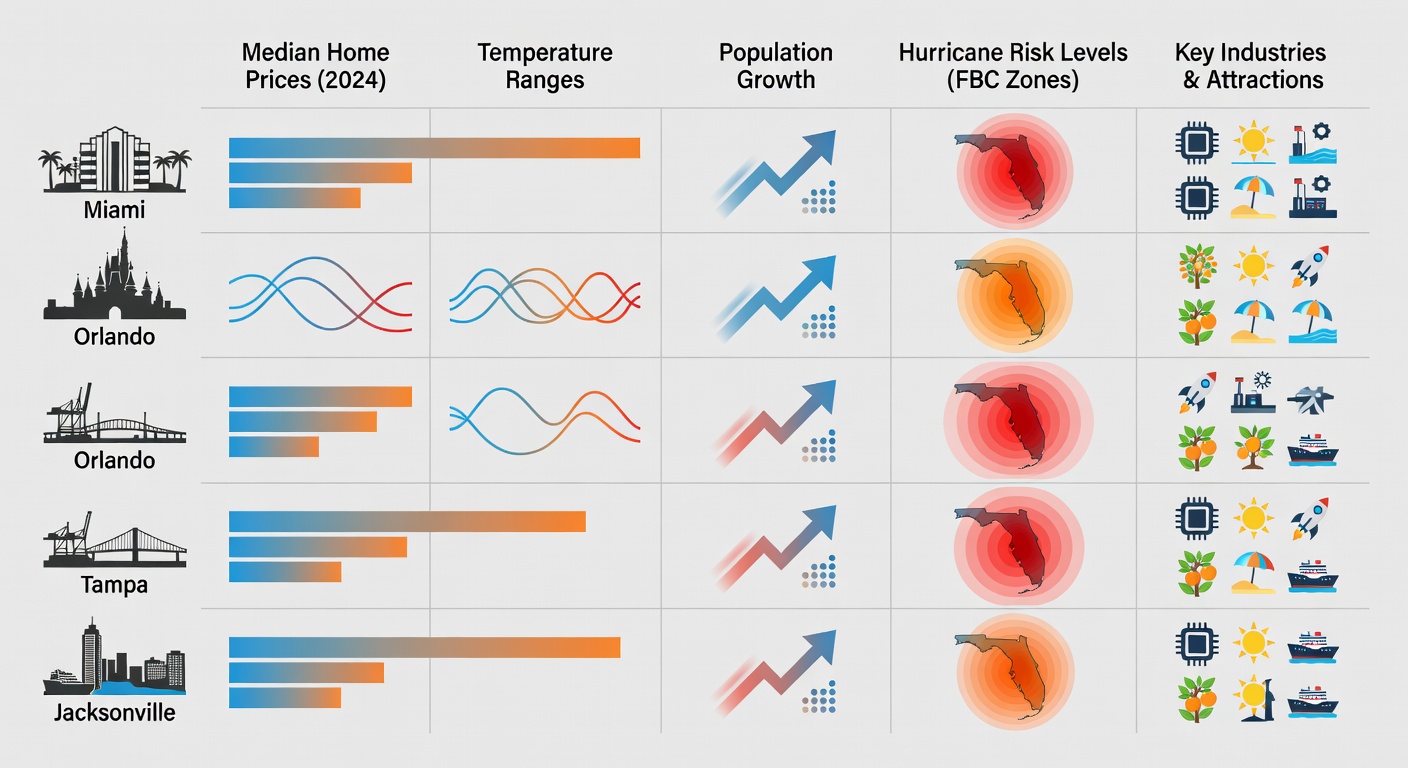 Educational infographic table visualization comparing major Florida cities with bar charts for median home prices (2024 Zillow), temperature ranges, population growth, hurricane risk levels (FBC zones), and icons for key industries and attractions.