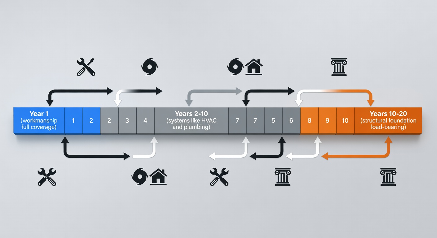Educational timeline diagram of 1-2-10 home warranty structure for certified contractors, with segmented horizontal bars for Year 1 (workmanship full coverage), Years 2-10 (systems like HVAC plumbing), and Years 10-20 (structural foundation load-bearing), including icons for repairs, Florida hurricane compliance, and StrucSure branding for visual learning on 'hurricane resistant home builders'.