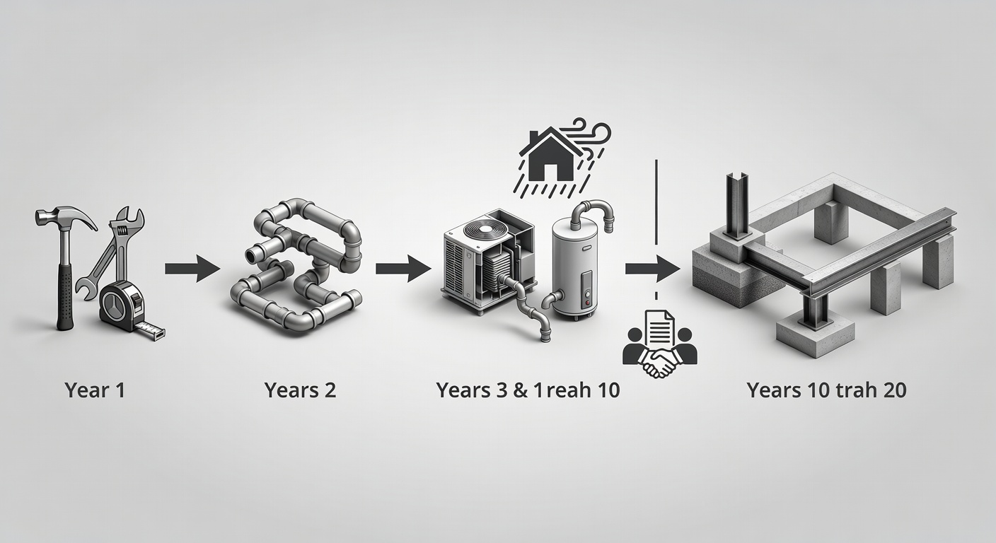 Flowchart timeline of StrucSure 1-2-10 warranty for Florida homes, with phased icons (tools for Year 1, pipes/HVAC for 2-10, foundation/beams for 10-20), arrows showing progression, and notes on hurricane compliance and transferability.