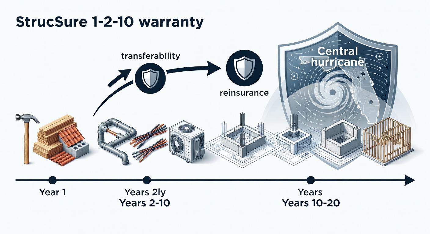 Illustrated timeline diagram of StrucSure 1-2-10 warranty for Florida homes, with icons for Year 1 (tools/hammer for workmanship, materials stack), Years 2-10 (pipes/wires/HVAC symbols), Years 10-20 (foundation/walls/framing blueprint), reinsurance badges, transferability arrow, and Central Florida hurricane shield overlay.