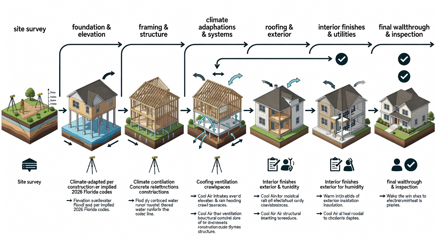 Illustrative flowchart of Central Florida home building process from site survey to final walkthrough, highlighting climate adaptations like elevation and ventilation flows per 2026 Florida codes.