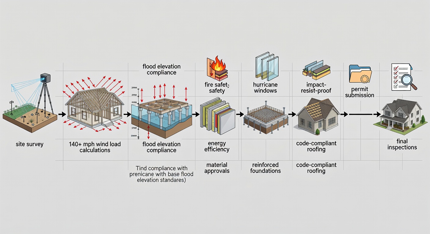 Illustrative flowchart of the Florida home building compliance process, including steps for site survey, 140+ mph wind load calculations, flood elevation compliance, material approvals for fire safety and energy efficiency, permit submission, and final inspections with visual icons for hurricane windows, reinforced foundations, and code-compliant roofing.