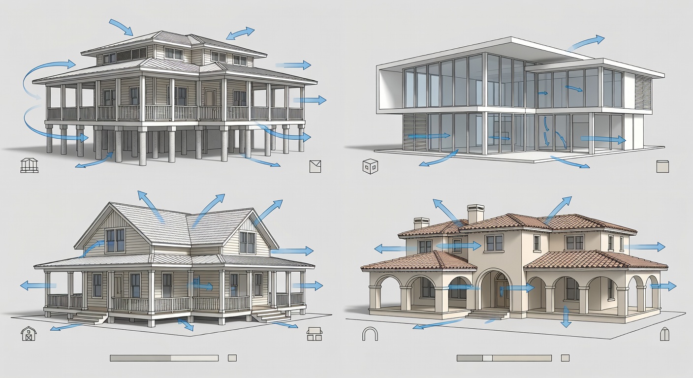 Side-by-side comparative diagram of top Florida architectural styles (Coastal, Modern, Farmhouse, Mediterranean), with labeled sections highlighting humidity-resistant features like wide porches, open layouts, arches, and ventilation flows, including sq ft examples and style icons.