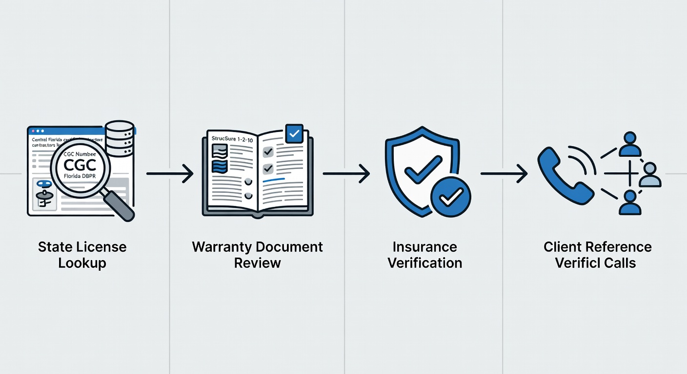 Step-by-step flowchart diagram illustrating the certification verification process for contractors, featuring icons for state license lookup (e.g., CGC number check), warranty document review (StrucSure 1-2-10), insurance verification, and client reference calls, with keyword-rich labels like 'Central Florida certified contractors license CGC Florida DBPR' for SEO and educational clarity.