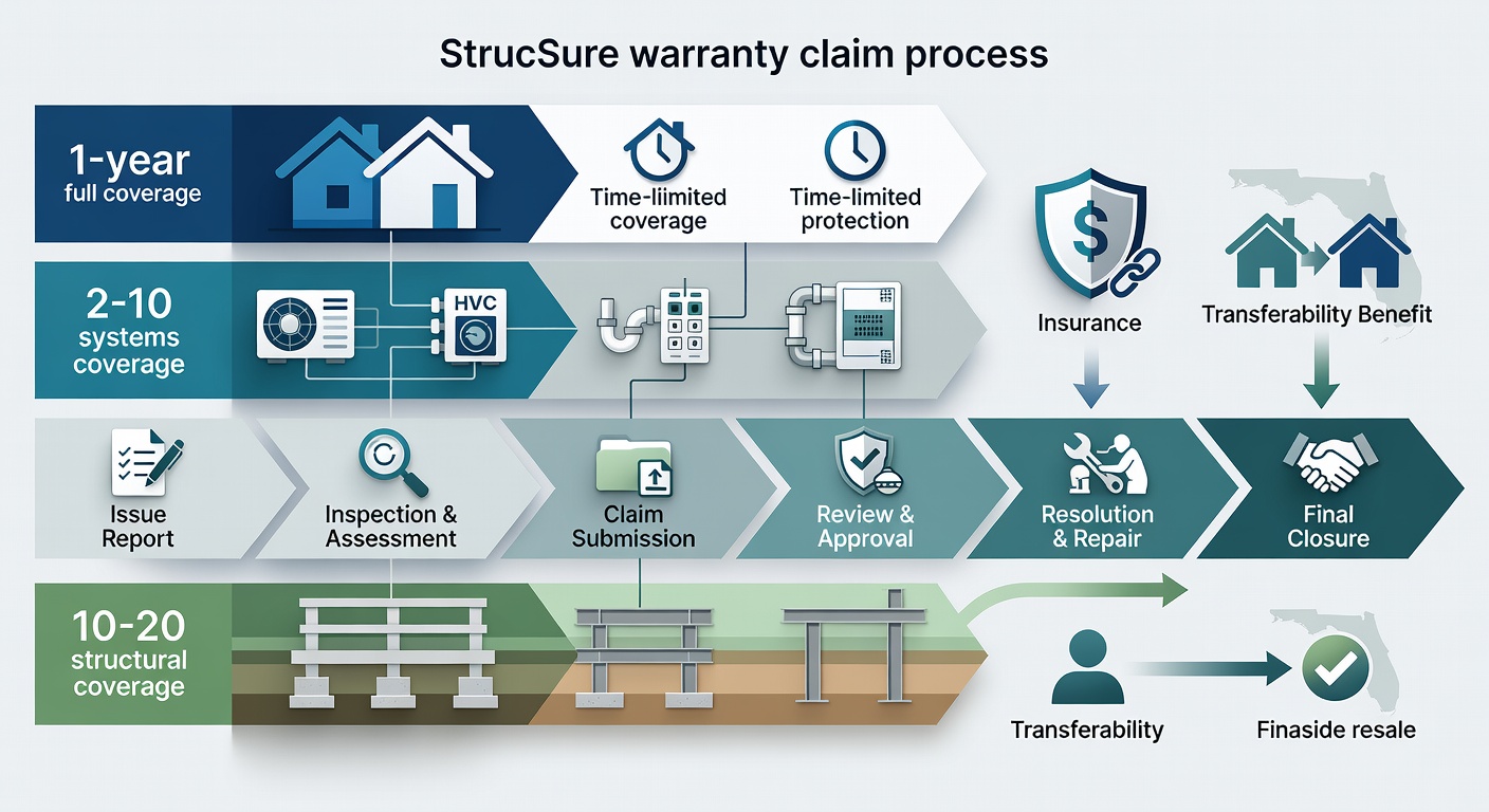 Step-by-step flowchart diagram of StrucSure warranty claim process from issue report to resolution, layered by coverage phases (1-year full, 2-10 systems, 10-20 structural), with icons for insurance backing and transferability benefits for Florida resale.