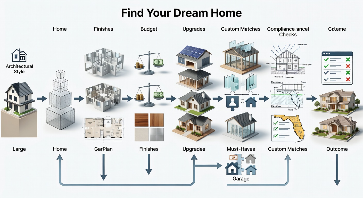 Step-by-step flowchart diagram of the 10-step 'Find Your Dream Home' process, illustrating progression from architectural style selection (Modern, Coastal, etc.) through home size, floor plans, finishes, budget, upgrades, must-haves like lanai and hurricane windows, to custom matches and Florida compliance checks, with numbered icons and decision branches.