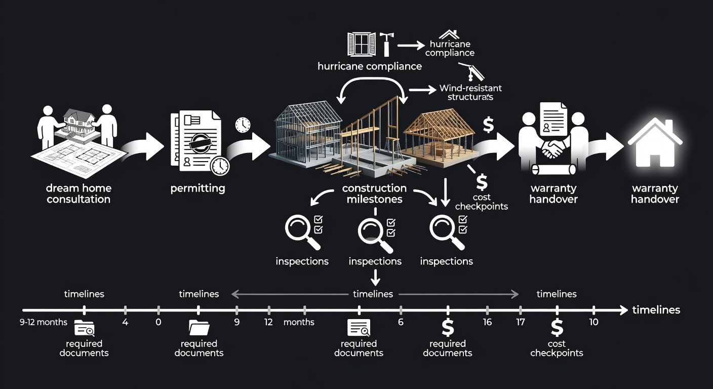 Step-by-step flowchart diagram of the Florida home building process 2026, showing phases from dream home consultation and permitting to construction milestones, inspections, and warranty handover, with timelines (e.g., 9-12 months total), required documents, cost checkpoints, and hurricane compliance icons for educational clarity