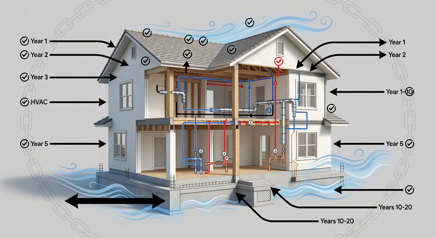 Structural diagram of a Florida home highlighting StrucSure warranty components: Year 1 icons on finishes/roof, Years 2-10 on HVAC/plumbing lines, Years 10-20 on foundation/walls, with wind/flood overlays and reinsurance note from Lloyd's.