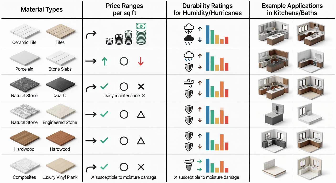Structured comparison diagram of Florida flooring and countertop options as a visual table with columns for material types, price ranges per sq ft, durability ratings for humidity/hurricanes, and example applications in kitchens/baths with icons for pros/cons.