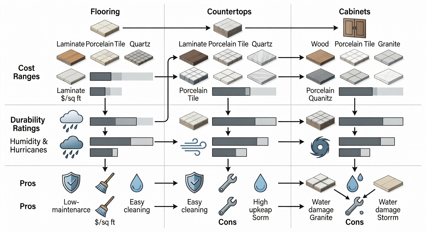 Structured comparison diagram of Florida interior finishes table, columns for Flooring/Countertops/Cabinets (Laminate, Porcelain Tile, Quartz, etc.), rows with cost ranges ($/sq ft or total), durability ratings for humidity/hurricanes, and icons showing pros like 'low-maintenance' vs cons like 'high upkeep'.
