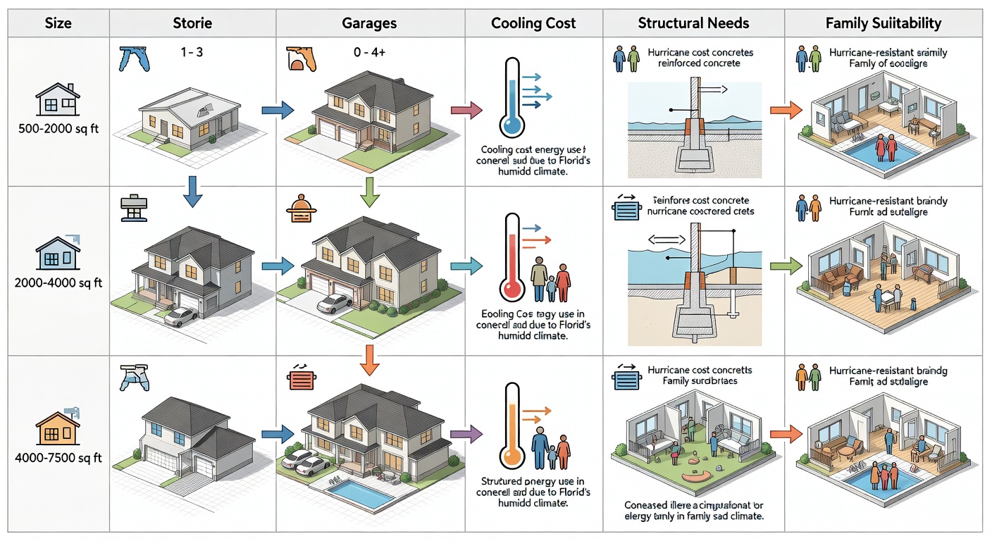 Structured comparison table visual of Florida home sizes (500-7500 sq ft), stories (1-3), garages (0-4+), with icons for cooling cost impacts, structural needs, and family suitability.