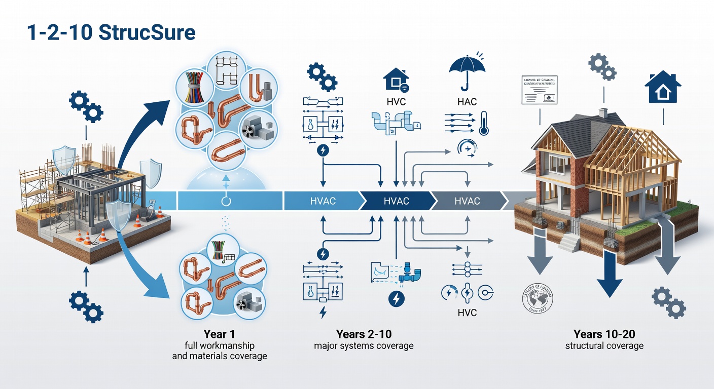 Structured timeline diagram of 1-2-10 StrucSure home warranty phases for Florida construction: Year 1 full workmanship/materials coverage, Years 2-10 major systems (electrical, plumbing, HVAC), Years 10-20 structural (foundation, walls, framing); icons for protections, reinsurance note from Lloyd's of London since 1997, and builder's risk during construction.