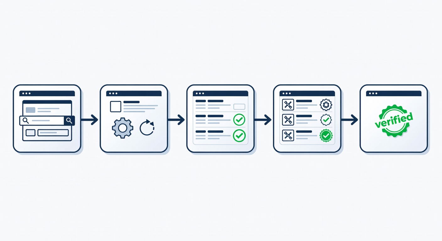 A clear flowchart diagram showing the 5-step process to verify a Florida contractor's license through the DBPR website, including search fields and result indicators.