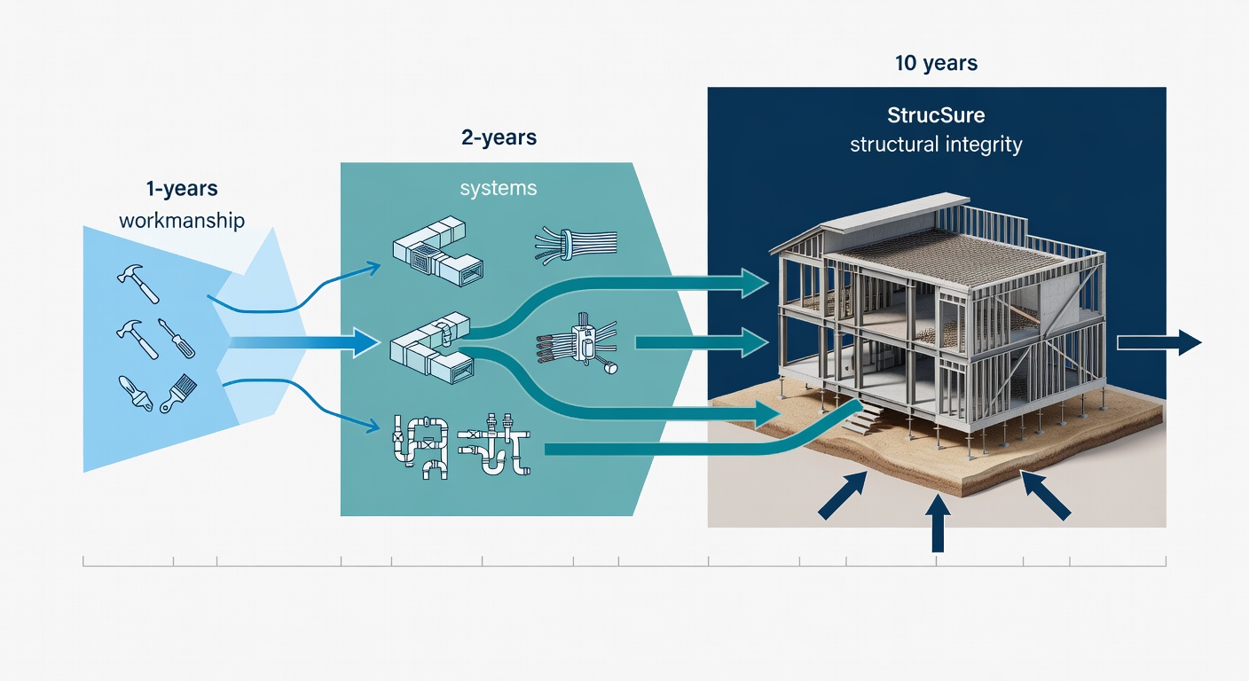 Clean educational diagram showing the 1-2-10 year StrucSure warranty timeline with labeled coverage phases for workmanship, systems, and structural integrity in a Florida custom home project.