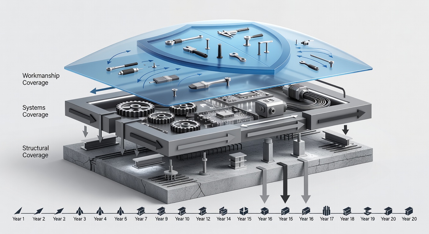 Clean educational diagram showing the 20-year warranty protection layers with icons for workmanship, systems, and structural coverage over a timeline from year 1 to year 20