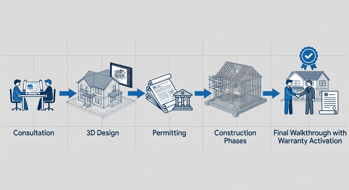 Clean educational diagram showing the 5-step custom home building process used by Lake Mary home builders: consultation, 3D design, permitting, construction phases, and final walkthrough with warranty activation. Use simple icons and arrows in a professional blue-and-gray color scheme.