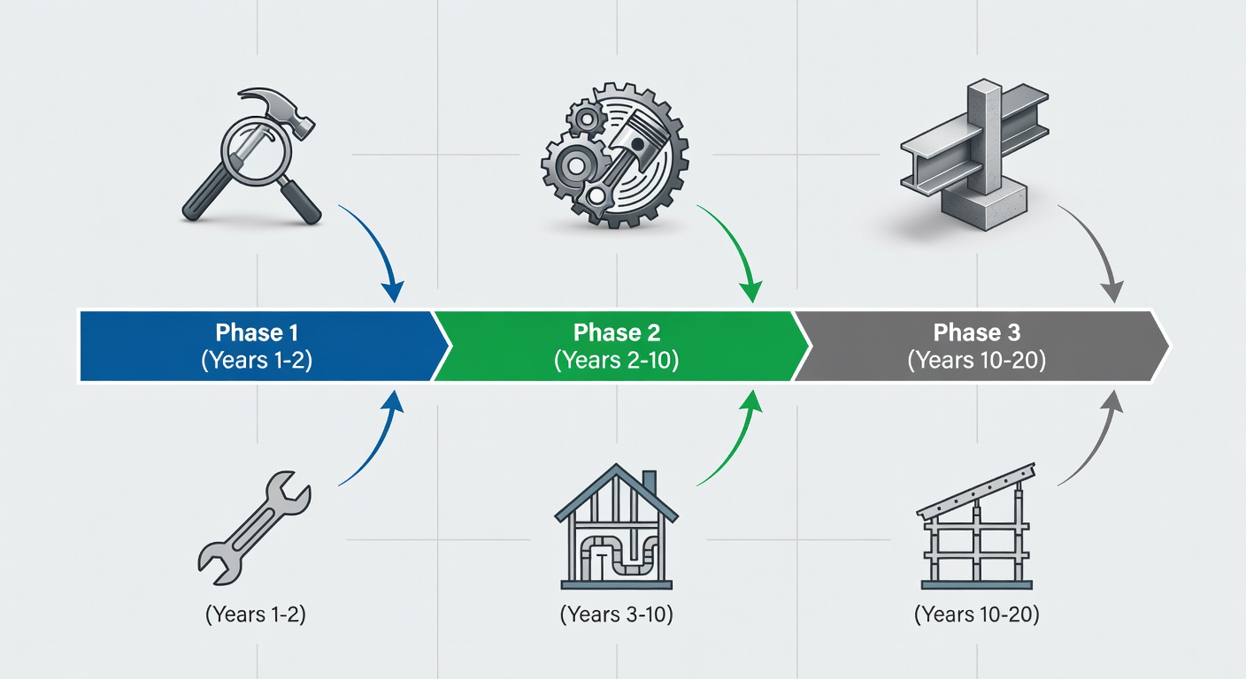 Clean educational diagram showing the three-phase 20-year warranty timeline with icons for workmanship, mechanical systems, and structural elements, labeled with years 1, 2-10, and 10-20 for Fox Certified Contractors projects