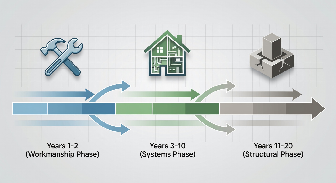 Clean educational diagram showing the three phases of the 20-year StrucSure home warranty timeline with icons for workmanship, systems, and structural coverage