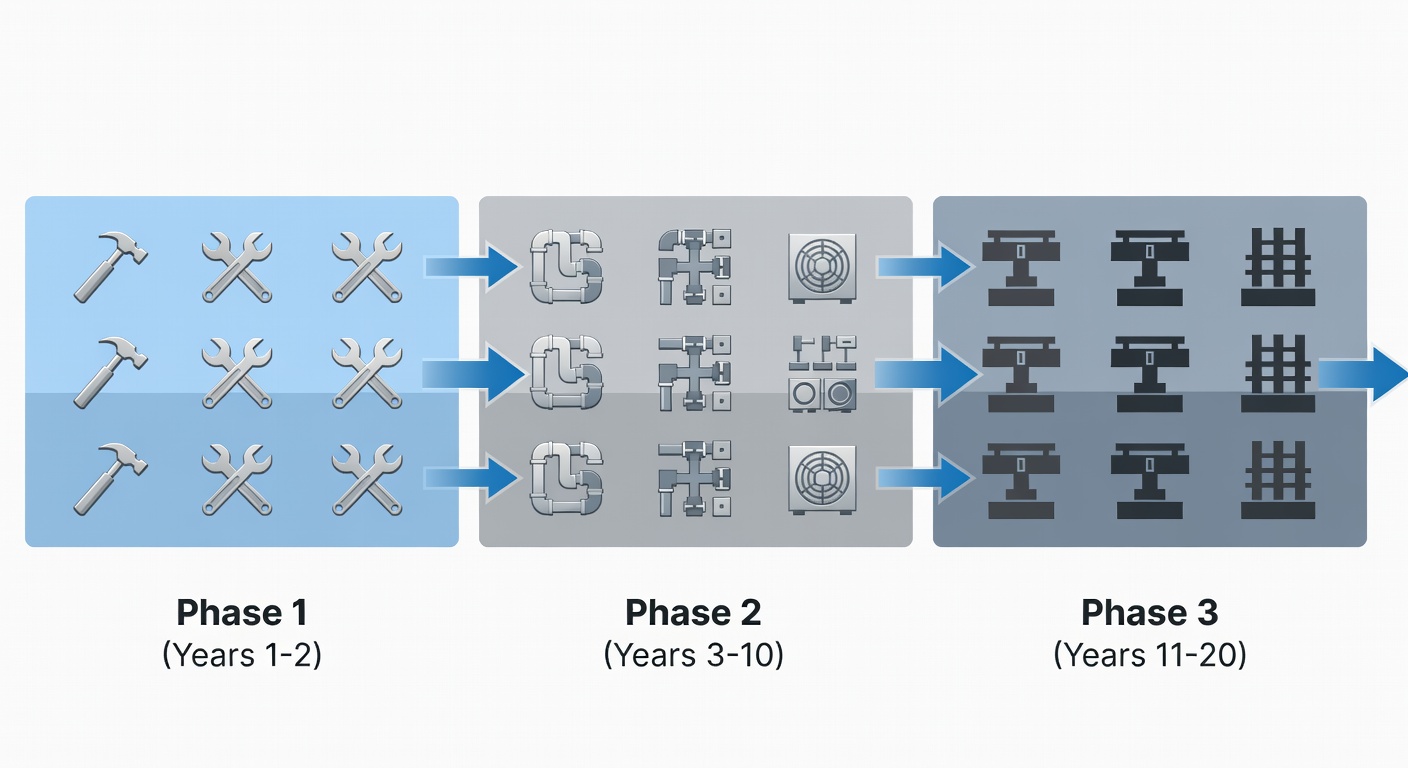 Clean educational diagram showing the three phases of the StrucSure 1-2-10-20 warranty timeline with icons for workmanship, systems, and structural coverage over 20 years