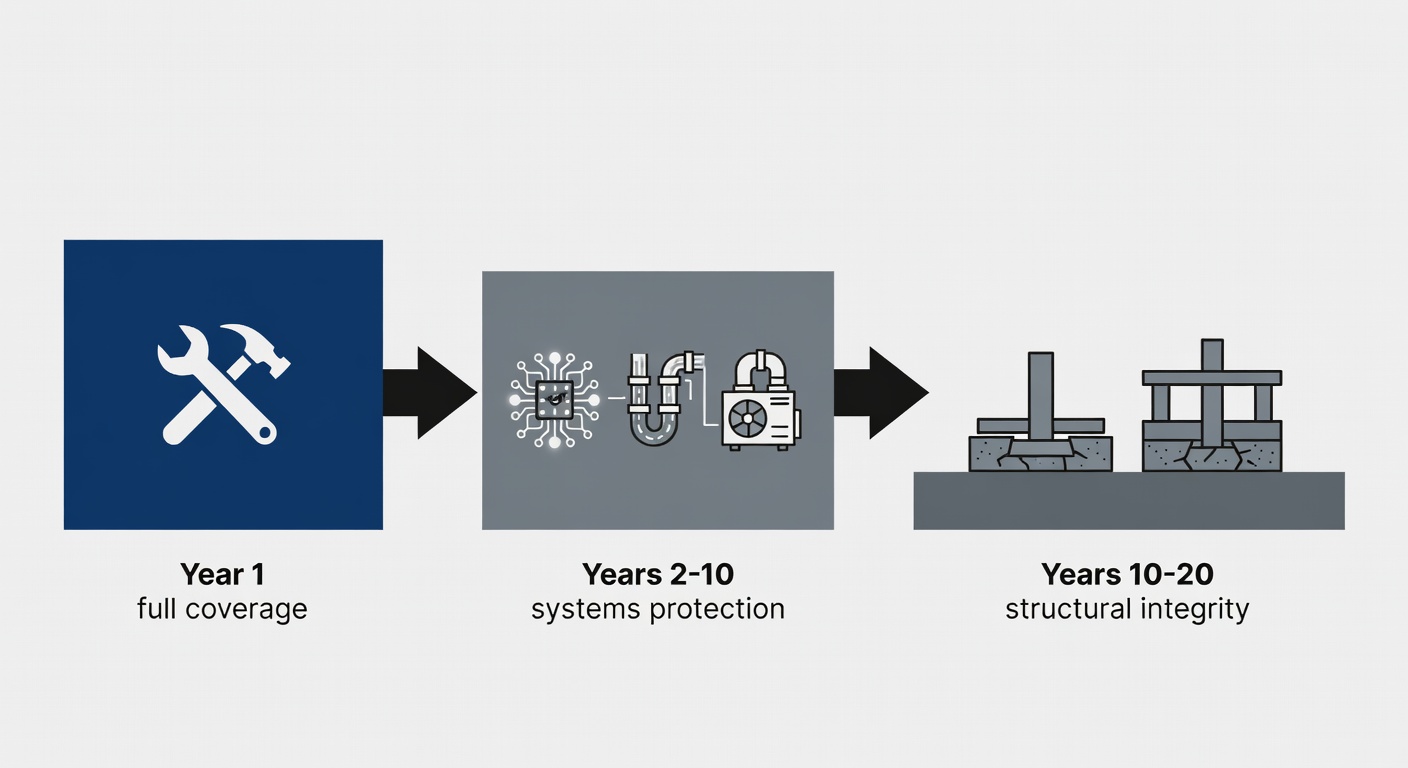 Clean educational diagram showing the three phases of the StrucSure 20-year transferable warranty timeline with labeled boxes for Year 1 full coverage, Years 2-10 systems protection, and Years 10-20 structural integrity, using simple icons for workmanship, electrical/plumbing/HVAC, and foundation/walls