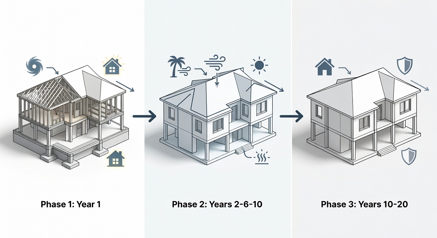 Clean educational diagram showing the three phases of the StrucSure 20-year transferable warranty timeline with labeled coverage areas for Year 1, Years 2-10, and Years 10-20, incorporating icons for Florida climate challenges such as hurricane wind protection and energy efficiency