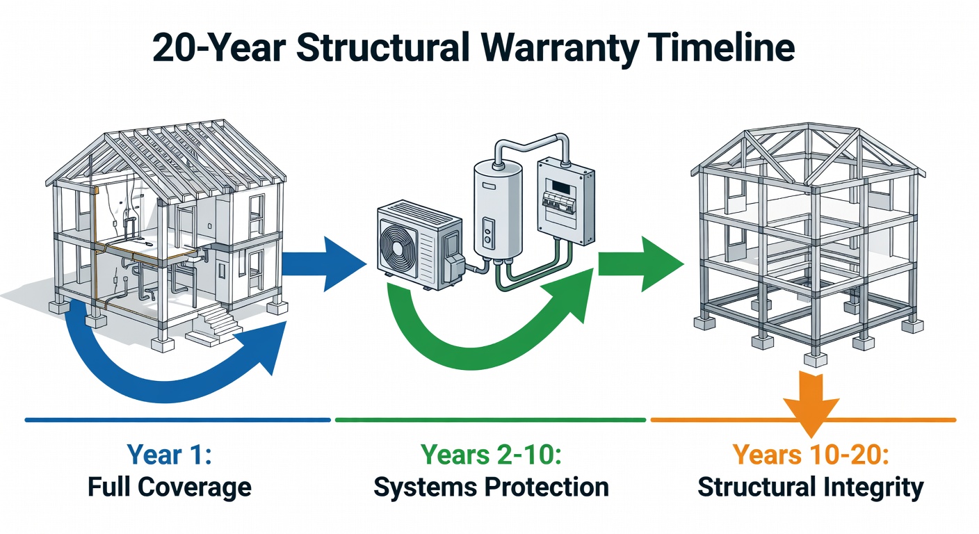 Clean educational diagram showing the three phases of the StrucSure 20-year warranty timeline with icons for Year 1 full coverage, Years 2-10 systems protection, and Years 10-20 structural integrity, labeled with specific components covered at each stage