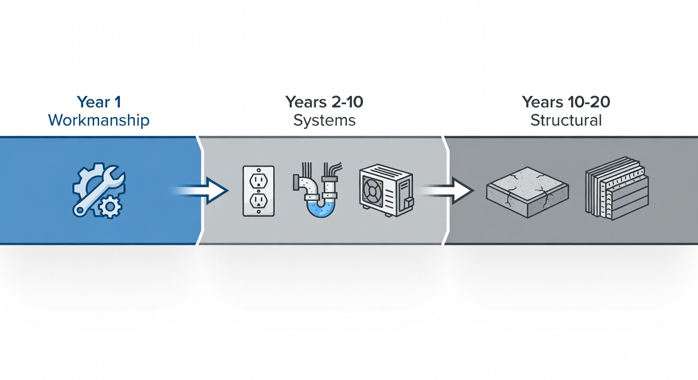 Clean educational diagram showing the three phases of the StrucSure 20-year warranty timeline with labeled boxes for Year 1 Workmanship, Years 2-10 Systems, and Years 10-20 Structural, including icons for electrical, plumbing, foundation, and walls