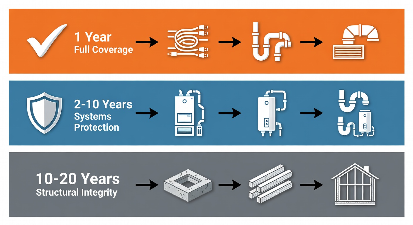Clean educational diagram showing the three-tier StrucSure warranty timeline with labeled coverage periods: 1 Year Full Coverage, 2-10 Years Systems Protection, and 10-20 Years Structural Integrity, using simple icons for electrical, plumbing, HVAC, foundation, and framing elements.