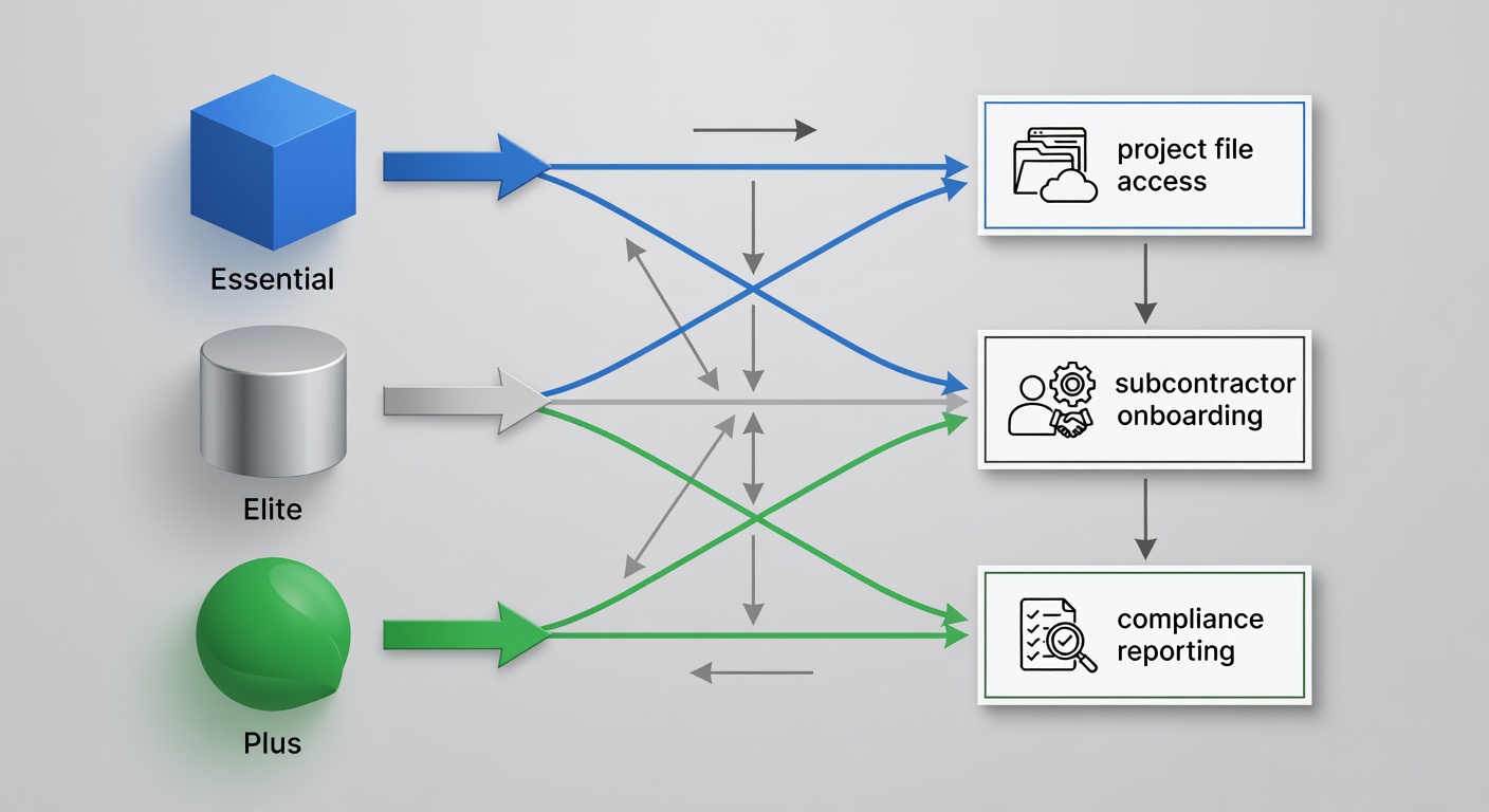 Clean flowchart diagram showing how Essential, Elite, and Plus IT packages connect to key construction activities such as project file access, subcontractor onboarding, and compliance reporting