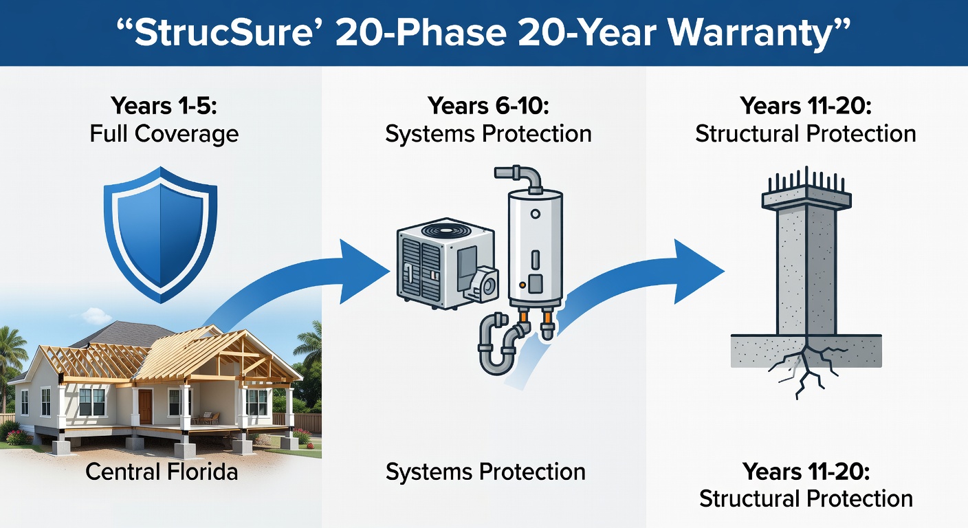 Clean infographic diagram showing the three-phase 20-year StrucSure warranty timeline with icons for full coverage, systems, and structural protection for a Central Florida custom home