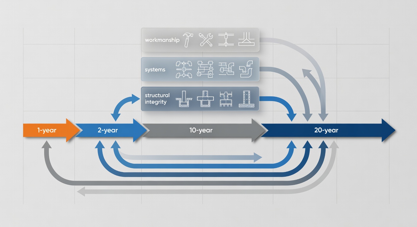 Clean structural diagram showing the 1-2-10-20 year StrucSure warranty timeline with labeled coverage phases for workmanship, systems, and structural integrity