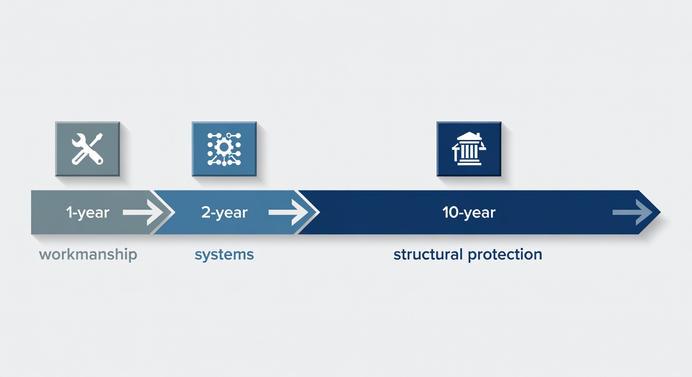 Clean structural diagram showing the 1-2-10 year StrucSure warranty coverage timeline with labeled boxes for workmanship, systems, and structural protection periods.
