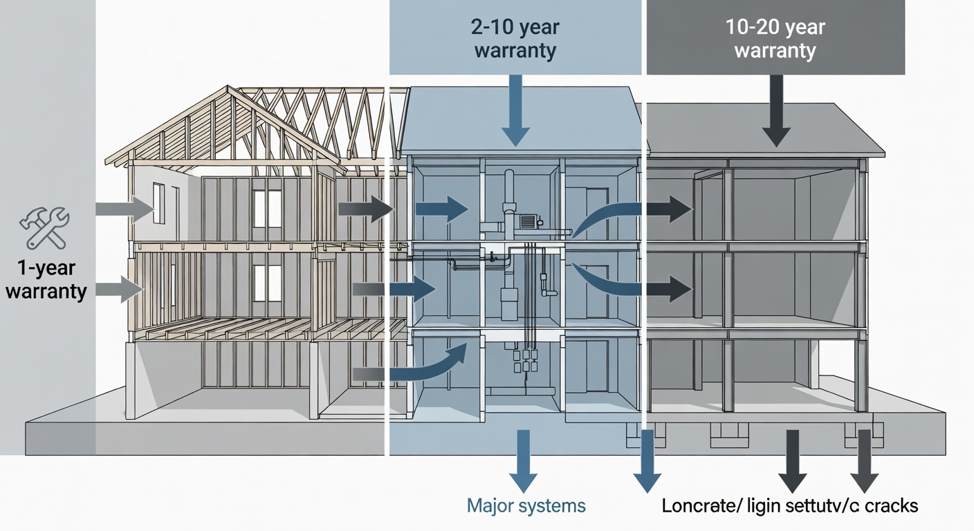 Clean structural diagram showing the 1-year, 2-10 year, and 10-20 year warranty coverage layers with labeled boxes for workmanship, systems, and foundation protection