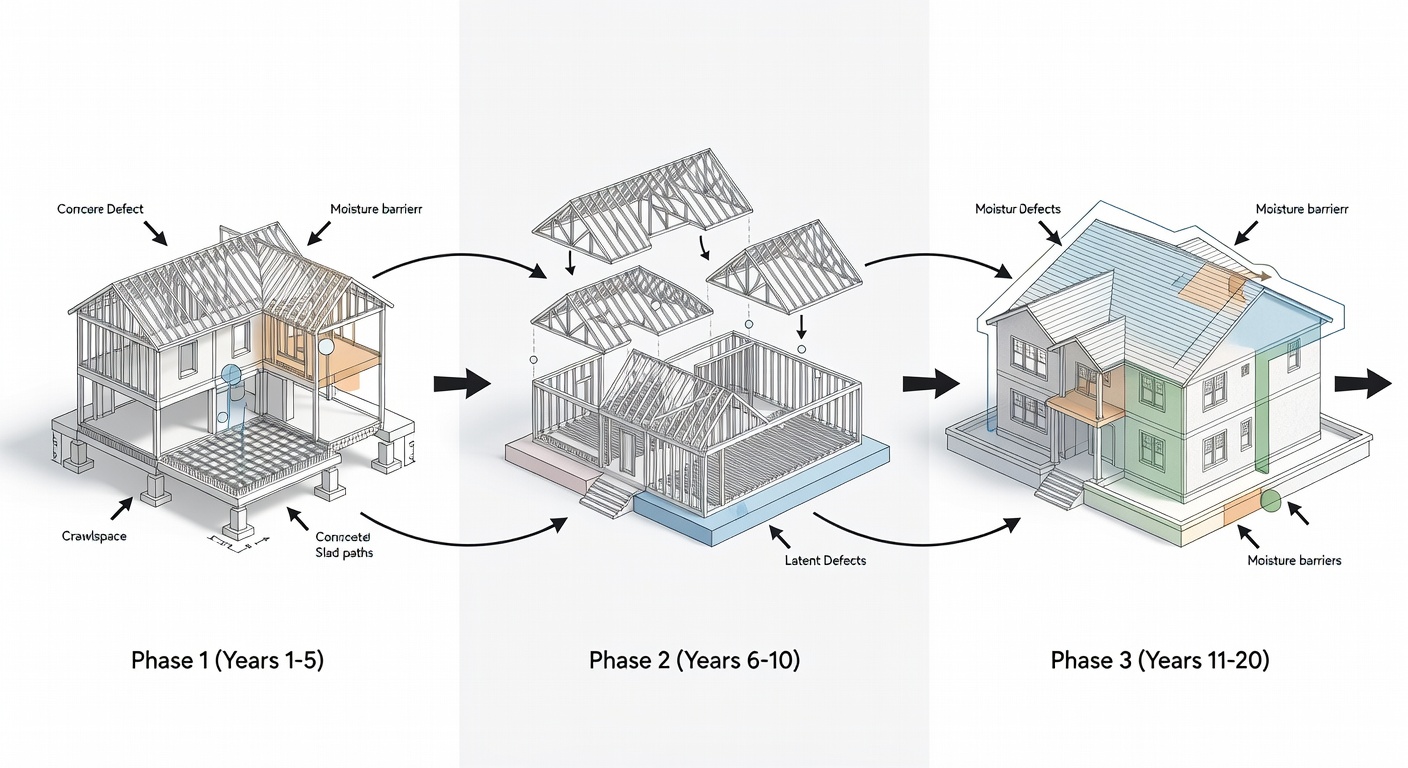 Clean structural diagram showing the three phases of the 20-year StrucSure warranty timeline with labeled coverage periods and protected components for a Central Florida custom home