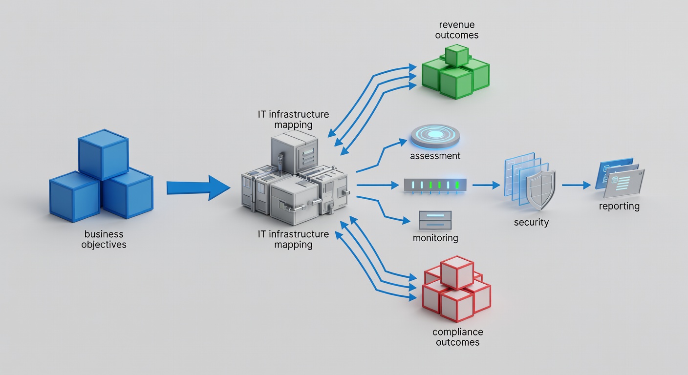 Clean technical diagram showing the flow from business objectives through IT infrastructure mapping to revenue and compliance outcomes, with labeled boxes for assessment, monitoring, security layers, and reporting.