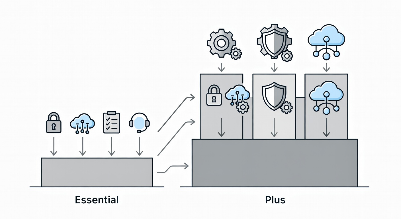 Clean technical diagram showing the progression from Essential to Plus IT service packages with icons for security, cloud, compliance, and support layers suitable for construction businesses.