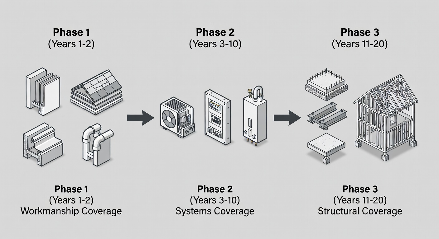 Clean timeline diagram showing the three phases of the 20-year StrucSure-backed warranty with icons for workmanship, systems, and structural coverage