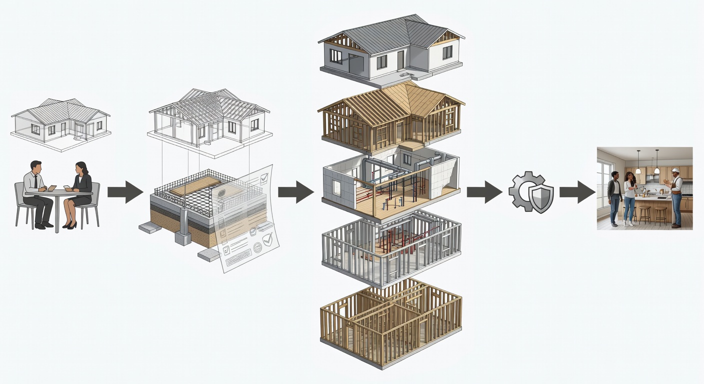 Clear conceptual flowchart showing the complete Florida custom home construction timeline from initial consultation and 3D visualization through permitting, phased building, warranty activation, and final homeowner walkthrough