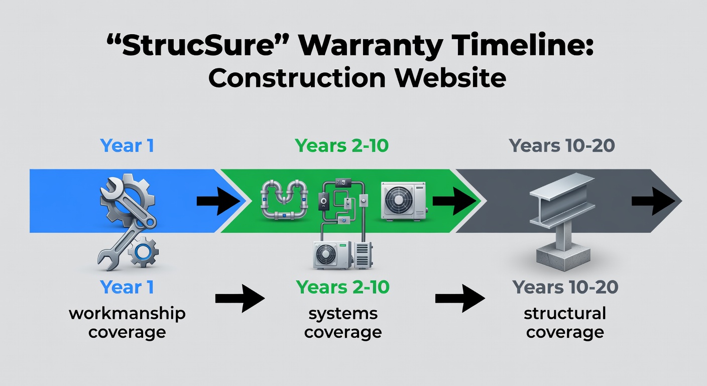 Clear educational diagram showing the 20-year StrucSure warranty timeline with three distinct phases labeled Year 1, Years 2-10, and Years 10-20, including icons for workmanship, systems, and structural coverage suitable for a construction website section.